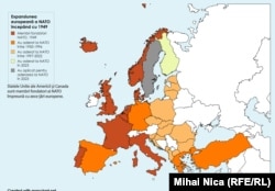 Harta țărilor NATO din Europa și etapele de aderare la nivelul anului 2024.