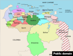 Împărțirea teritorială a Venezuelei în care apare și zona disputată cu Guyana.