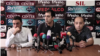 Lawyers of former Armenian President Robert Kocharian Aram Orbelian (center) and Hovhannes Khudoyan (right) at a press conference in Yerevan, August 7, 2019