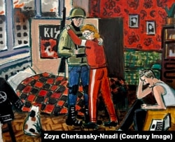 Мать прощается с сыном, который уходит добровольцем на войну. Изображение перекликается с более ранней картиной воспоминаний Черкасски-Ннади из Киева 1980-х годов