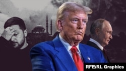 Владимир Зеленский, Дональд Трамп және Владимир Путин. Коллаж
