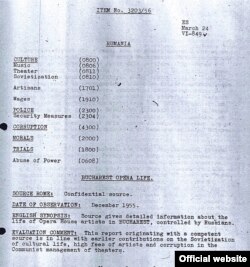Unul din documentele de arhivă RFE referitoare la Opera română