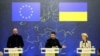 Президент України Володимир Зеленський (посередині), президент Європейської ради Шарль Мішель (ліворуч) і голова Єврокомісії Урсула фон дер Ляєн на пресконференції після саміту Україна-ЄС. Київ, 3 лютого 2023 року