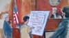 In this courtroom sketch Judge Richard Berman, second from right, and prosecuting Assistant U.S. Attorney Sidhardha Kamarju, far right, listen as Turkish-Iranian gold trader Reza Zarrab, second from left, with the aide of an unidentified interpreter, far left, describe a scheme using a diagram he drew, outlining how he helped Iran evade U.S. economic sanctions on November 29.