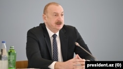 Azerbaijan - President Ilham Aliyev speaks at an international forum in Baku, April 9, 2025.