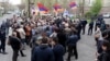 Armenia - Founding Parliament activists rally outside a detention center in Yerevan, 8Apr2015.