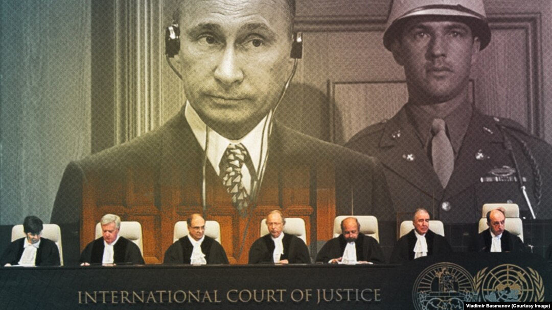 Колаж із сайту росіянина Володимира Басманова, яким він проілюстрував своє звернення в Міжнародний трибунал в Гаазі з вимогою ініціювати переслідування Володимира Путіна