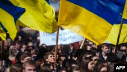 Проукраинский митинг в Луганске. Апрель 2014 года