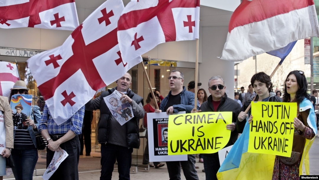 Українські та грузинські активісти під час акції протесту проти агресії Росії в Україні. Нью-Йорк, 13 квітня 2014 року