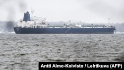 The Eagle S oil taker, which is suspected of belonging to Russia's "shadow fleet," is seen anchored in the Gulf of Finland in January. 