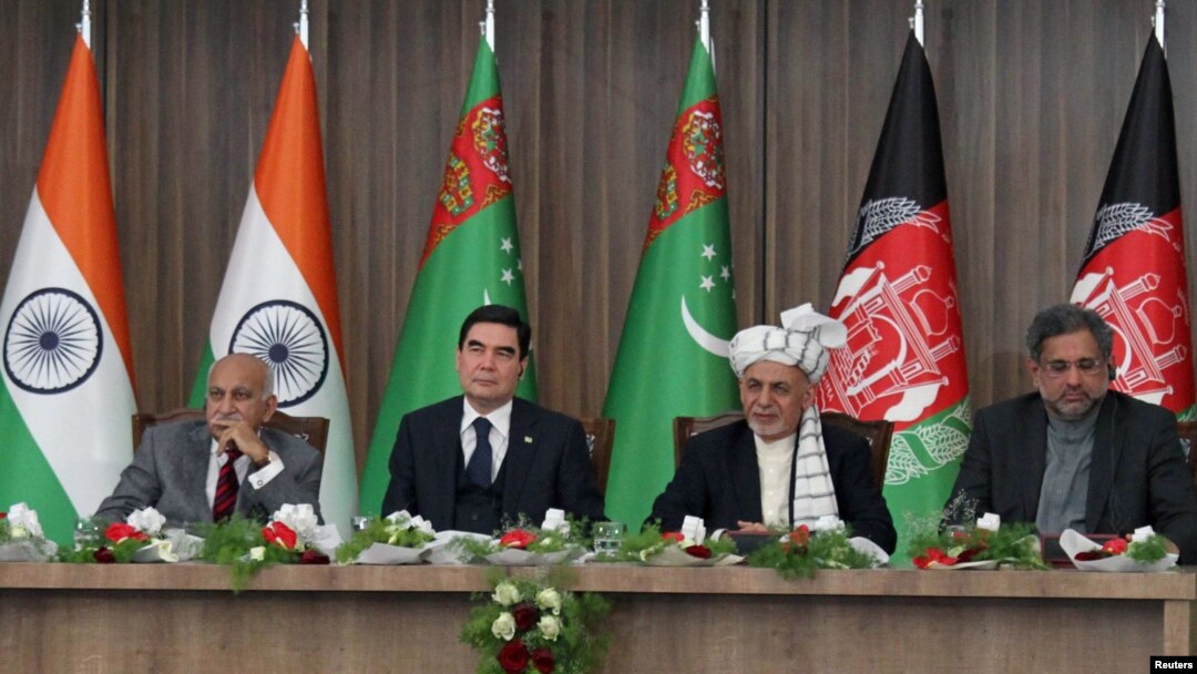 (Left to right:) Indian Minister of State for External Affairs M.J. Akbar, Turkmen President Gurbanguly Berdymukhammedov, Afghan President Ashraf Ghani, and Pakistani Prime Minister Shahid Khaqan attend a ceremony marking what was supposed to be a TAPI milestone on February 23.
