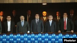 Armenia - President Serzh Sarkisian (second from right), Gagik Tsarukian and other political leaders attend a congress of the Prosperous Armenia Party in Yerevan, 17Mar2012.