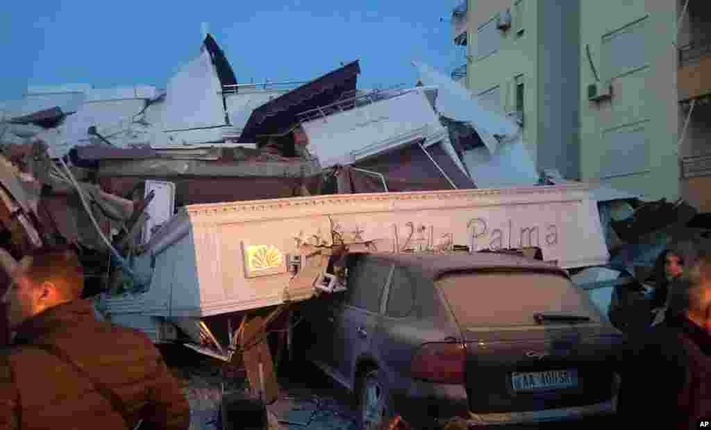A crushed car in Durres, Albania's second-most populous city. 