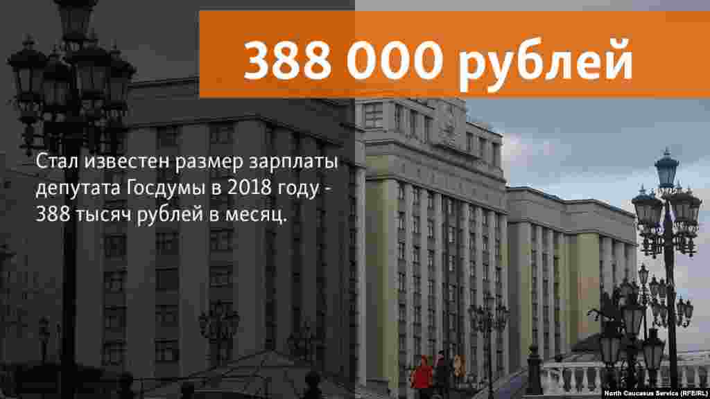 6.07.2018 // Госдума официально раскрыла размер зарплаты и пенсии депутата: зарплата – 388 тысяч рублей в месяц в 2018 году, а пенсия – 46,6 тысяч рублей для депутатов, отработавших один или два созыва полностью.