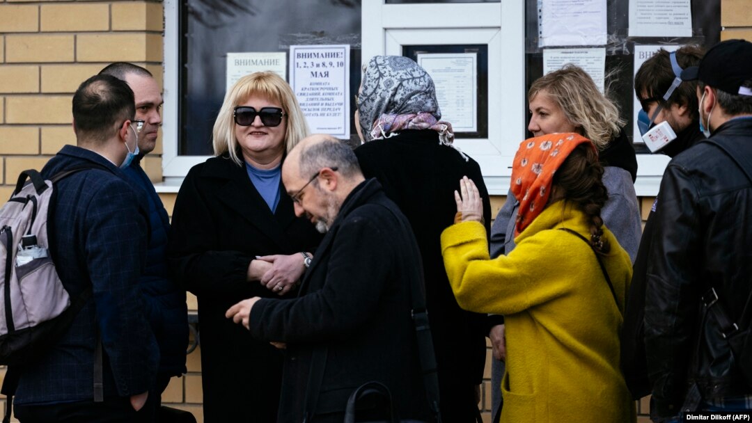 Lawyers and doctors for Aleksei Navalny wait outside of the prison where he was reportedly transferred in the Vladimir region on April 20.