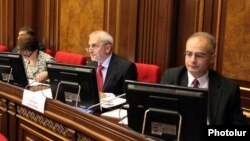 Armenia - Levon Zurabian (R), Aram Manukian (C) and other deputies from the Armenian National Congress attend a parliament session, Yerevan, 20Jun2012.