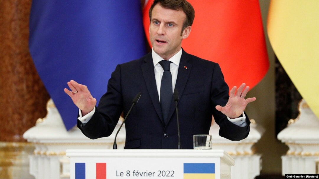 Президентът на Фрайнция Еманюел Макрон. 8 февруари 2022, Киев. 